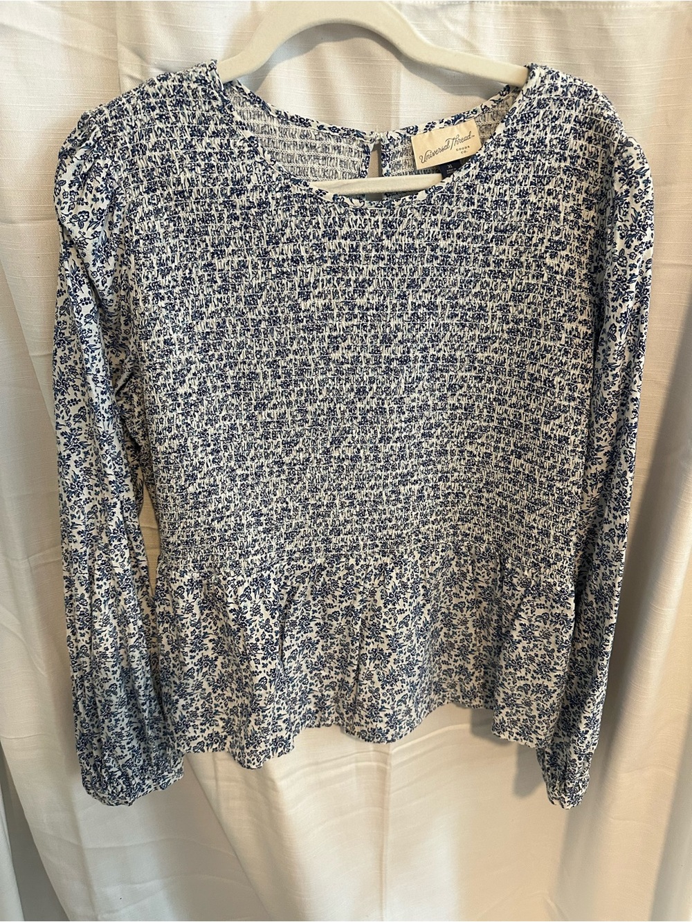 Universal Thread Blue and White Floral Smocked Peplum Long-Sleeve Top